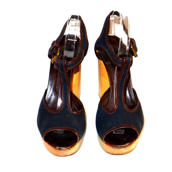 Women's Chloe Brown & Navy Leather-Canvas Strappy Block Heels Sz 39/US 9 - Picture 4 of 7